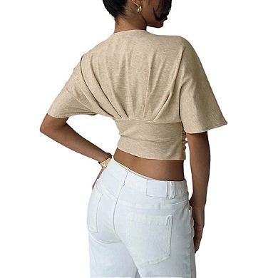 Women's Crop Tops Deep V Neck Fitted Going Out Y2k Short Sleeve T Shirt