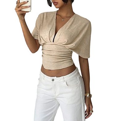 Women's Crop Tops Deep V Neck Fitted Going Out Y2k Short Sleeve T Shirt