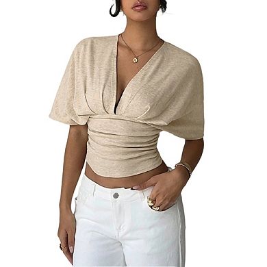 Women's Crop Tops Deep V Neck Fitted Going Out Y2k Short Sleeve T Shirt