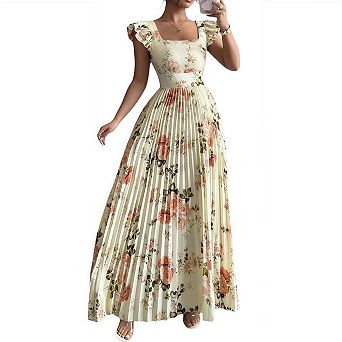 Floral Pleated Square Neck Flowy Summer Wedding Guest Maxi Dresses for Women