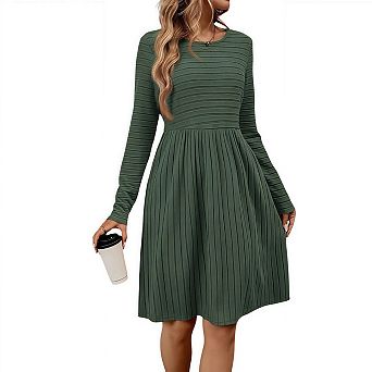 Womens Ribbed Knit Sweater Dress Casual Long Sleeve Crew Neck Knee Length