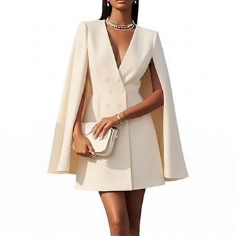 Womens Cape Blazer Dress Split Sleeve V Neck Double Breasted Elegant Workwear
