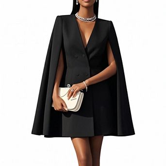 Womens Cape Blazer Dress Split Sleeve V Neck Double Breasted Elegant Workwear