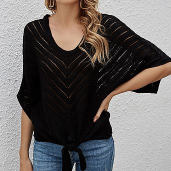 Women V Neck Batwing Cover Up 3/4 Sleeve Plain Lightweight Casual Crochet High Elastic Tops