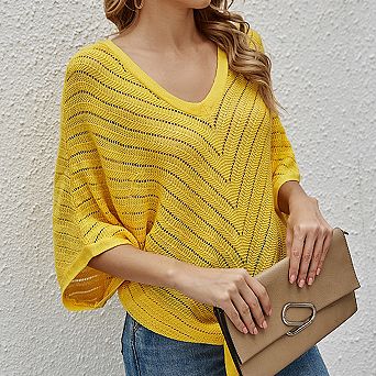 Women V Neck Batwing Cover Up 3/4 Sleeve Plain Lightweight Casual Crochet High Elastic Tops