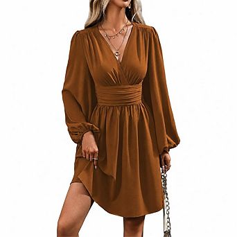 Women Deep V Neck Long Sleeve Mini A-Line High Waist Dress for Casual Cocktail Wedding Guest