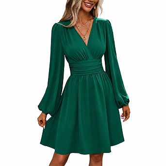 Women Deep V Neck Long Sleeve Mini A-Line High Waist Dress for Casual Cocktail Wedding Guest