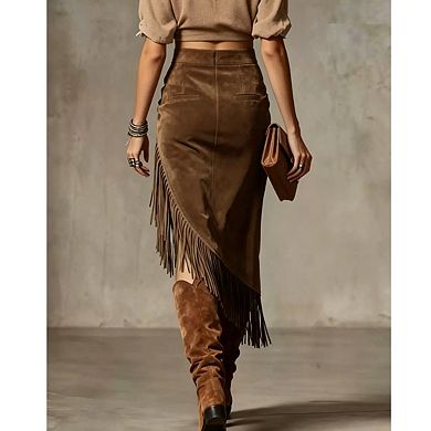 Womens High Waisted Asymmetrical Fringe Trim Wrap Midi Skirt