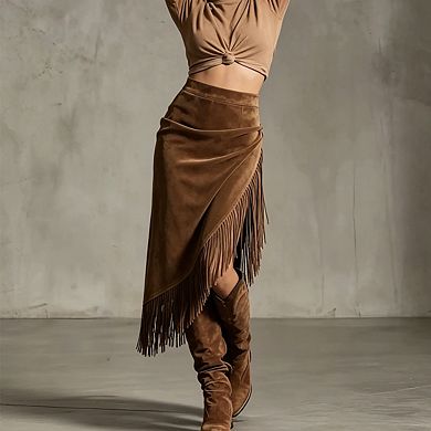 Womens High Waisted Asymmetrical Fringe Trim Wrap Midi Skirt