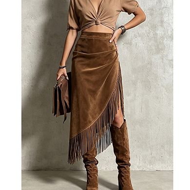 Womens High Waisted Asymmetrical Fringe Trim Wrap Midi Skirt