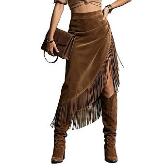 Womens High Waisted Asymmetrical Fringe Trim Wrap Midi Skirt