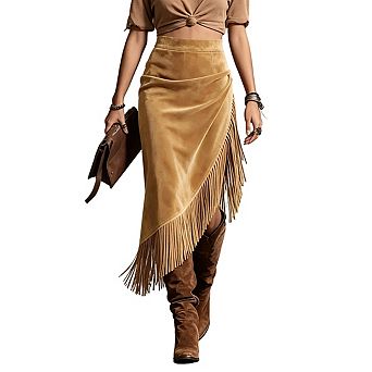 Womens High Waisted Asymmetrical Fringe Trim Wrap Midi Skirt