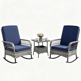 3 pc Outdoor Rocking Bistro Set,Wicker Rocking Bistro Set w/ Cushions,Rocker Chairs & Coffee Table