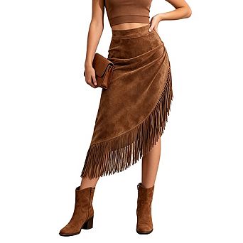 Womens High Waisted Asymmetrical Fringe Trim Wrap Midi Skirt