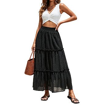 Womens Swiss Dot Tiered Elastic Smocked Waist Ruffled Hem Maxi Skirt