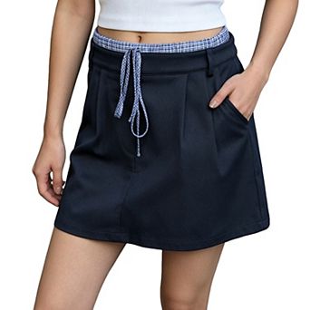 Women's Plaid Trim A Line Mini Skirt with Drawstring High Waisted Casual Short Skirt with Pockets
