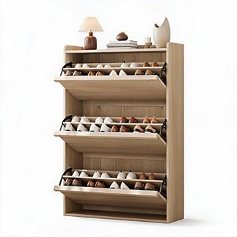 Modern Wooden Shoe Cabinet with Adjustable Turn-style Drawers Space-Saving Hidden Shoe Rack