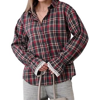 Women's Plaid Flannel Shirt Lace Cuffs Button-Down Long Sleeve Casual Blouse