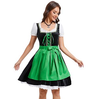 Vintage Velvet Oktoberfest Dirndl 2 pc Set, Women's Puff Sleeve Colorblock Apron Costume Dress