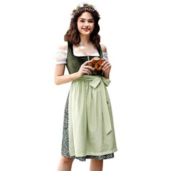 3 pc Vintage Velvet Jacquard Oktoberfest Dirndl, Women's Off-Shoulder Puff Sleeve Solid Apron Dress