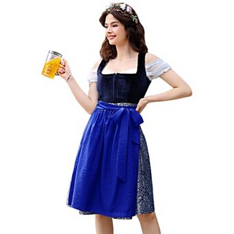 3 pc Vintage Velvet Jacquard Oktoberfest Dirndl, Women's Off-Shoulder Puff Sleeve Solid Apron Dress