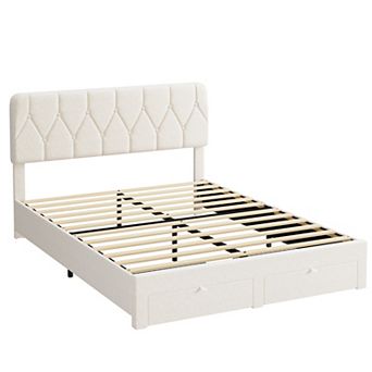 Bed Frame with 2 Drawers, Velvet Upholstered Platform Bed with Wooden Slats for Bedroom