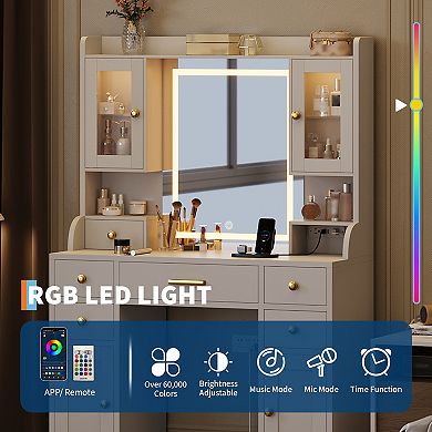 White & Gold Makeup Vanity Desk, LED Mirror with 3 Light Modes, 6 Drawers, Cabinet