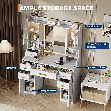White & Gold Makeup Vanity Desk, LED Mirror with 3 Light Modes, 6 Drawers, Cabinet