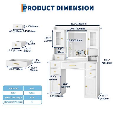 White & Gold Makeup Vanity Desk, LED Mirror with 3 Light Modes, 6 Drawers, Cabinet