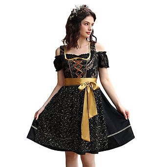Vintage Jacquard Oktoberfest Dirndl Dress 3 pc Set Women Off-Shoulder Puff Sleeve Blouse Costume