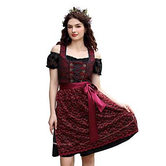 Vintage Jacquard Oktoberfest Dirndl Dress 3 pc Set Women Off-Shoulder Puff Sleeve Blouse Costume