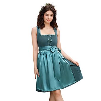 Women's Oktoberfest Dirndl Dress Two Piece, Faux Suede Satin Patchwork Apron Style Bavarian Costume