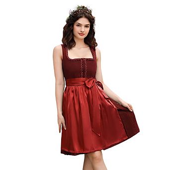 Women's Oktoberfest Dirndl Dress Two Piece, Faux Suede Satin Patchwork Apron Style Bavarian Costume