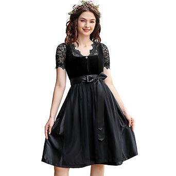 Velvet Lace Short Sleeve Dirndl 3 pc Set, German Bavarian Oktoberfest Dress for Halloween Party