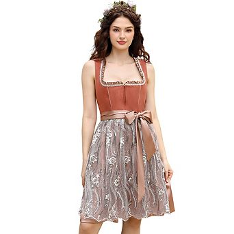 Women's Dirndl Dress Two Piece, Faux Suede Satin Patchwork, Apron Style Oktoberfest Costume