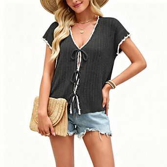 Women's V-Neck Tie-Front Knit Top, Short Sleeve Contrast Trim Casual Summer Blouse