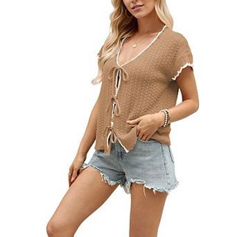 Women's V-Neck Tie-Front Knit Top, Short Sleeve Contrast Trim Casual Summer Blouse