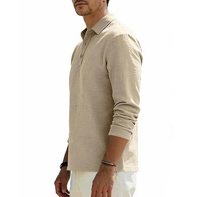 Men's Linen-Blend Long Sleeve Polo Shirt Textured Casual Button Placket Top