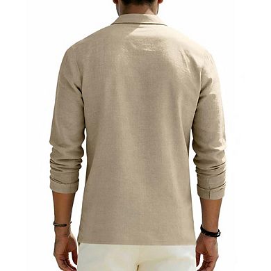 Men's Linen-Blend Long Sleeve Polo Shirt Textured Casual Button Placket Top