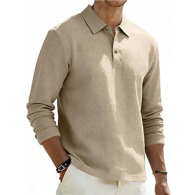Men's Linen-Blend Long Sleeve Polo Shirt Textured Casual Button Placket Top