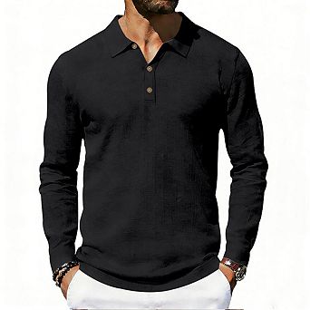 Men's Linen-Blend Long Sleeve Polo Shirt Textured Casual Button Placket Top