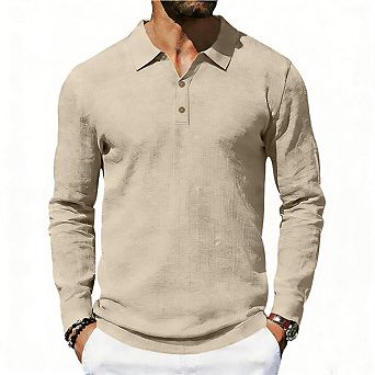 Men's Linen-Blend Long Sleeve Polo Shirt Textured Casual Button Placket Top