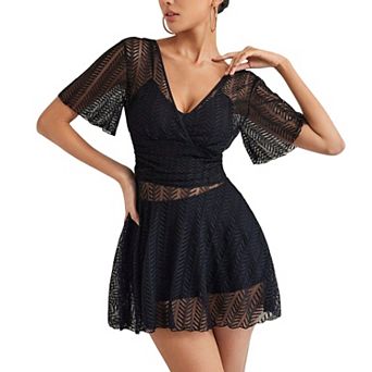 Women's Lace Overlay One-Piece Swimsuit, Short Sleeve Dress-Style Tummy Control Bathing Suit