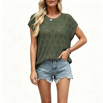 Women's Open-Knit Short Sleeve Top, Round Neck Loose-Fit Lightweight Summer Blouse