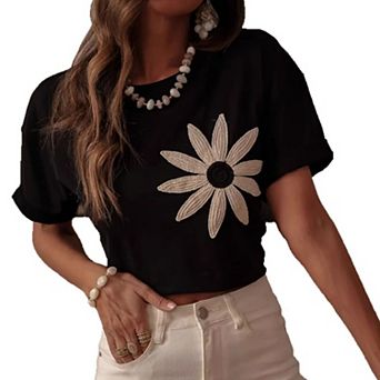 Women's Short Sleeve T-Shirt, Round Neck with Crochet Flower Patch Casual Top