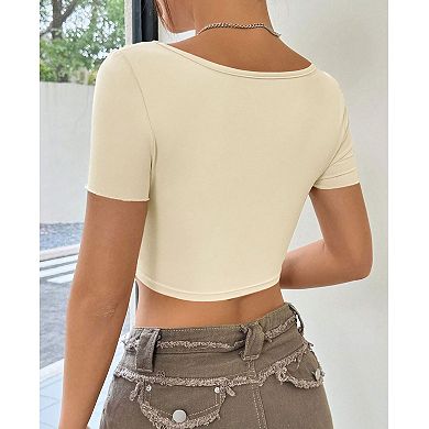 Women's Form-Fitting Twist-Front Crop Top, V-Neck Short Sleeve Knit with Asymmetrical Hem