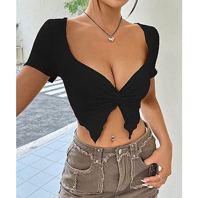 Women's Form-Fitting Twist-Front Crop Top, V-Neck Short Sleeve Knit with Asymmetrical Hem