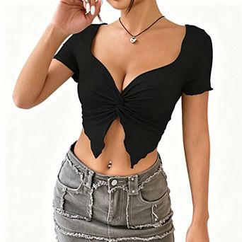 Women's Form-Fitting Twist-Front Crop Top, V-Neck Short Sleeve Knit with Asymmetrical Hem