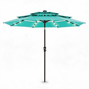 10 Foot 24 LED Solar Outdoor Umbrella, 3 tier Vented Canopy Tilting Patio Shade for Backyard Deck