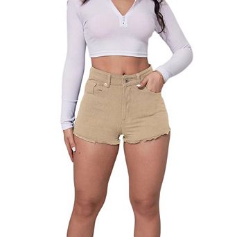 Women's Mid Rise Denim Shorts Frayed Hem Embroidered Pocket Casual Jean Shorts